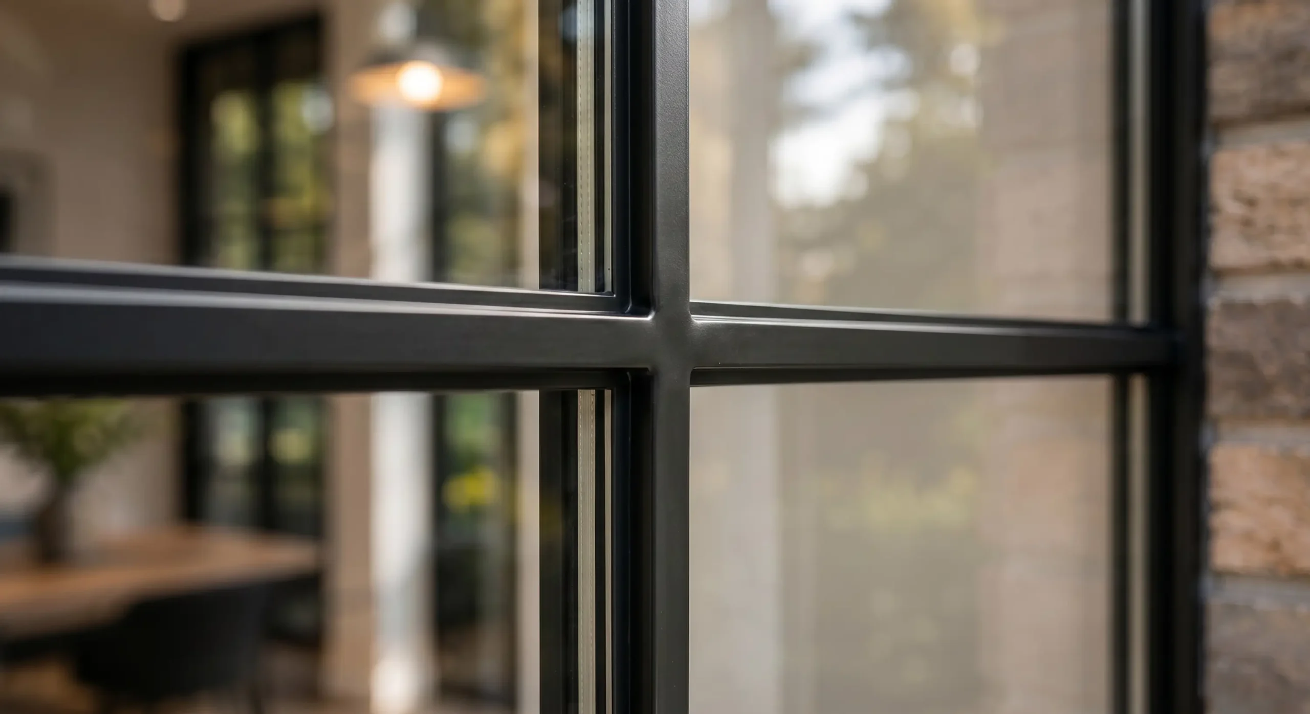 Detail van industriële ramen met slanke aluminium profielen en staallook verdelingen
