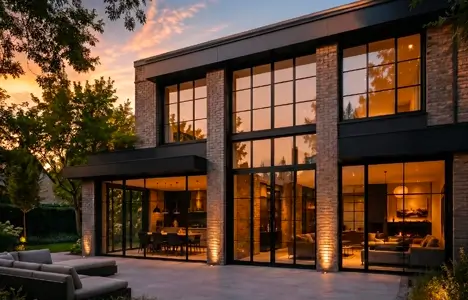 Industriële ramen met slanke aluminium profielen in een moderne villa geïnspireerd op loftarchitectuur