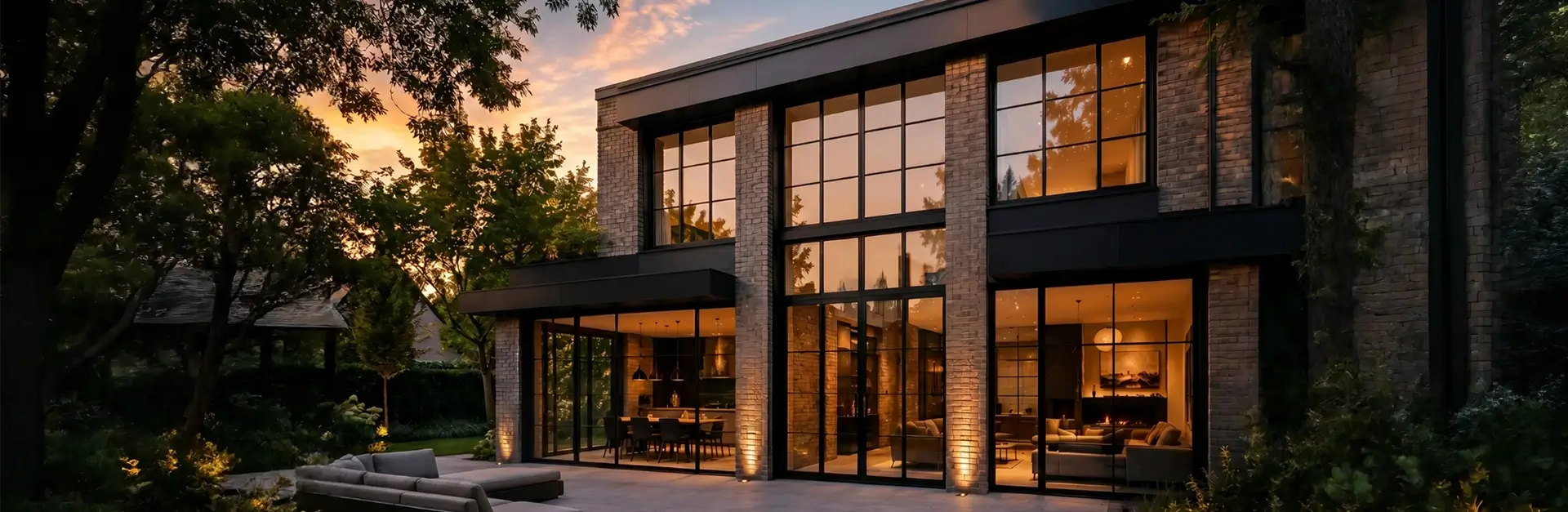 Industriële ramen met slanke aluminium profielen in een moderne villa geïnspireerd op loftarchitectuur
