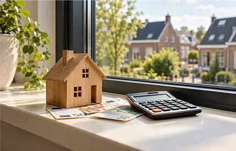 Houten huisje, eurobiljetten en rekenmachine bij een raam – ISDE-subsidie 2027