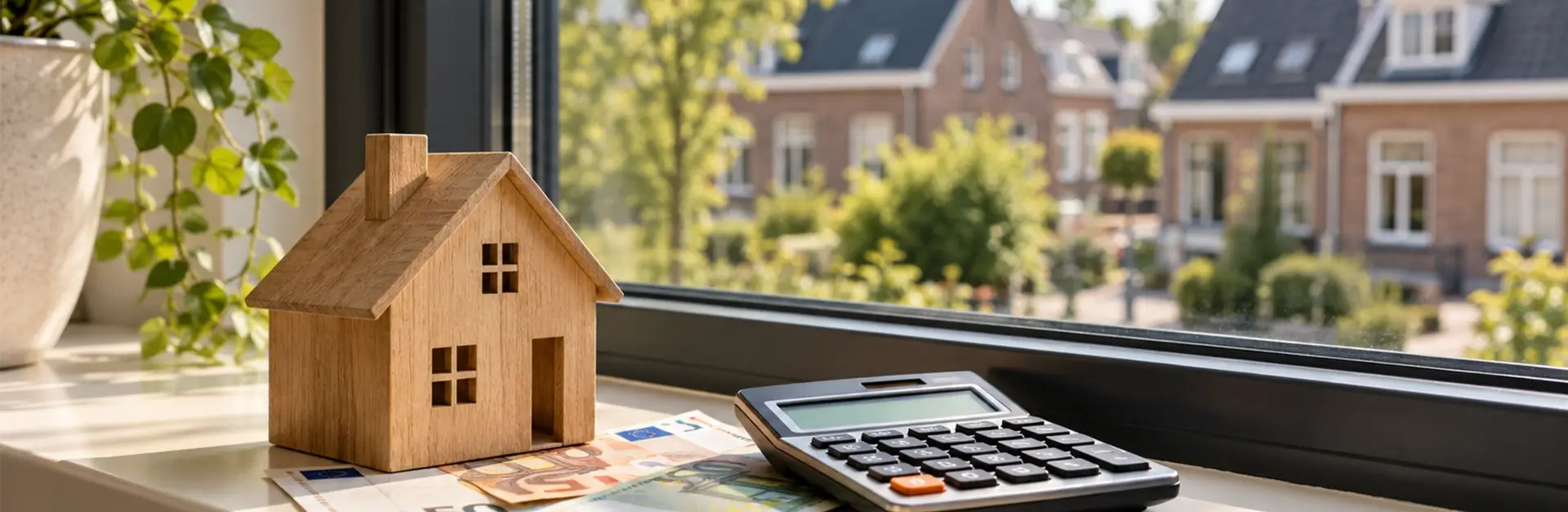 Houten huisje, eurobiljetten en rekenmachine bij een raam – ISDE-subsidie 2027